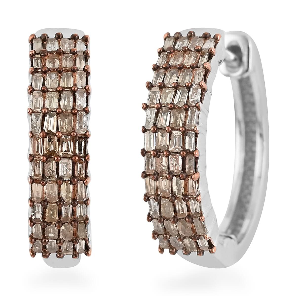 Natural Champagne Diamond Hoop Earrings in Platinum Over Sterling Silver 0.50 ctw