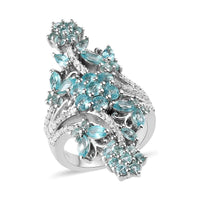 Madagascar Paraiba Apatite and Natural White Zircon Floral Elongated Ring in Platinum Over Sterling Silver 3.90 ctw