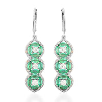 AAA Kagem Emerald and White Zircon Earrings in Rhodium Over Sterling Silver 4.30 ctw