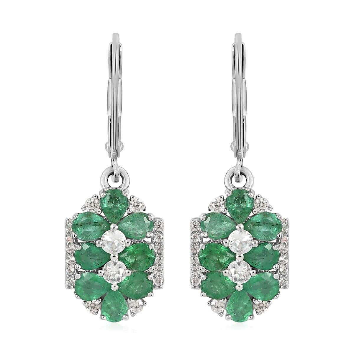 AAA Kagem Emerald and White Zircon Dangle Earrings in Rhodium Over Sterling Silver 3.10 ctw