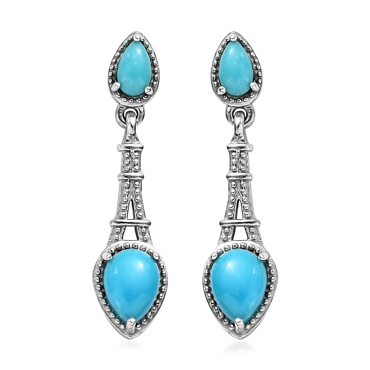 Sleeping Beauty Turquoise Dangling Earrings in Platinum Over Sterling Silver 1.75 ctw