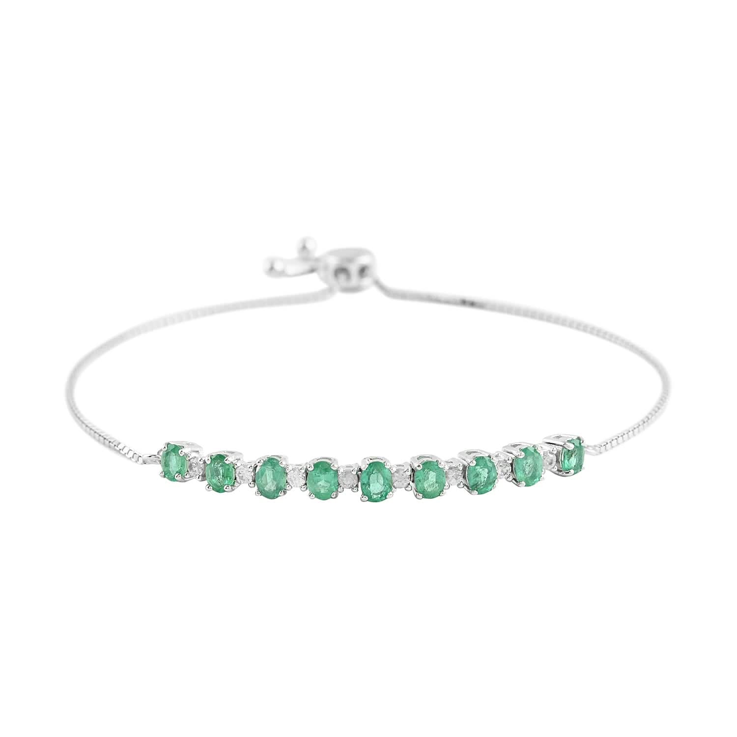 AAA Kagem Emerald and Natural White Zircon Line Bolo Bracelet in Rhodium Over Sterling Silver 1.85 ctw