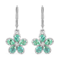 AAA Kagem Emerald and Natural White Zircon Flower Earrings in Rhodium Over Sterling Silver 1.40 ctw