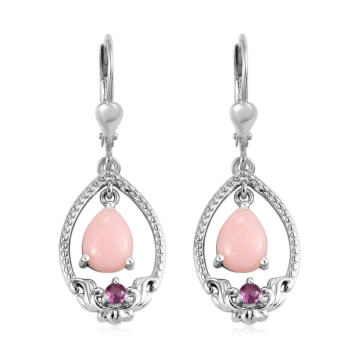 Peruvian Pink Opal and Orissa Rhodolite Garnet Drop Earrings in Platinum Over Sterling Silver 2.15 ctw