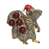 Simulated Red Color Resin, Multi Color Austrian Crystal, Red Enameled Santa Cap Brooch in Goldtone
