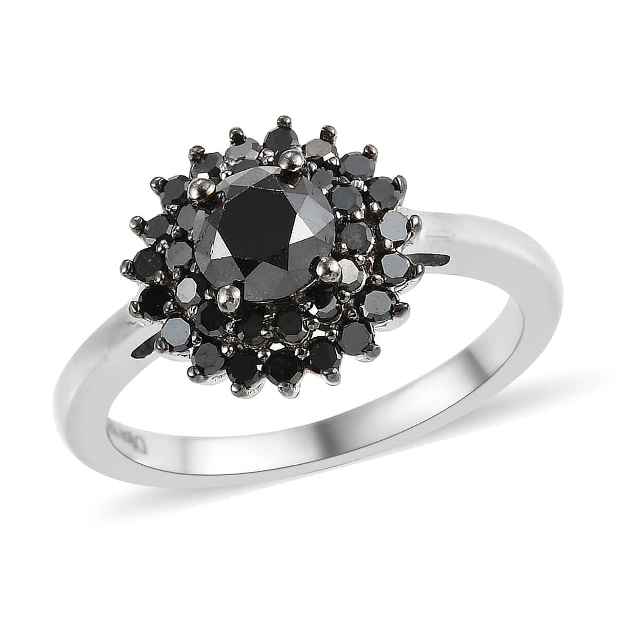 Black Diamond Halo Floral Ring in Platinum Over Sterling Silver (Size 6.0) 1.00 ctw
