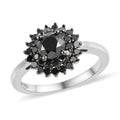 Black Diamond Halo Floral Ring in Platinum Over Sterling Silver (Size 6.0) 1.00 ctw - Sticky add to cart bar