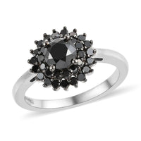 Black Diamond Halo Floral Ring in Platinum Over Sterling Silver (Size 6.0) 1.00 ctw