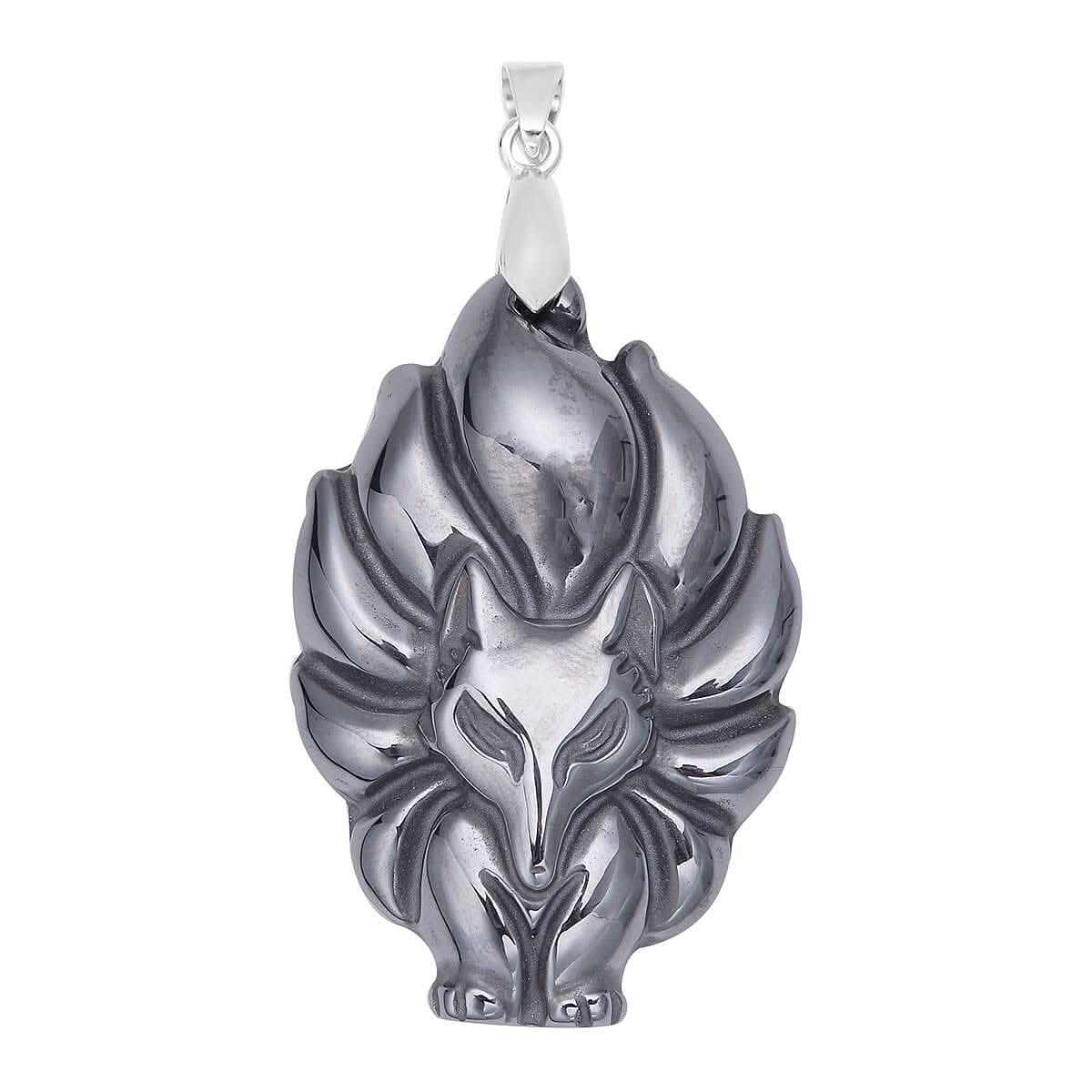 Carved Fox Terahertz Pendant in Silvertone 87.00 ctw