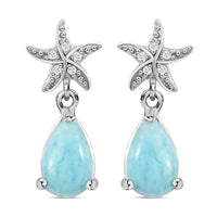Larimar and White Zircon 2.10 ctw Dangle Drop Earrings, White Zircon Dangle Earrings, Starfish Earrings For Women