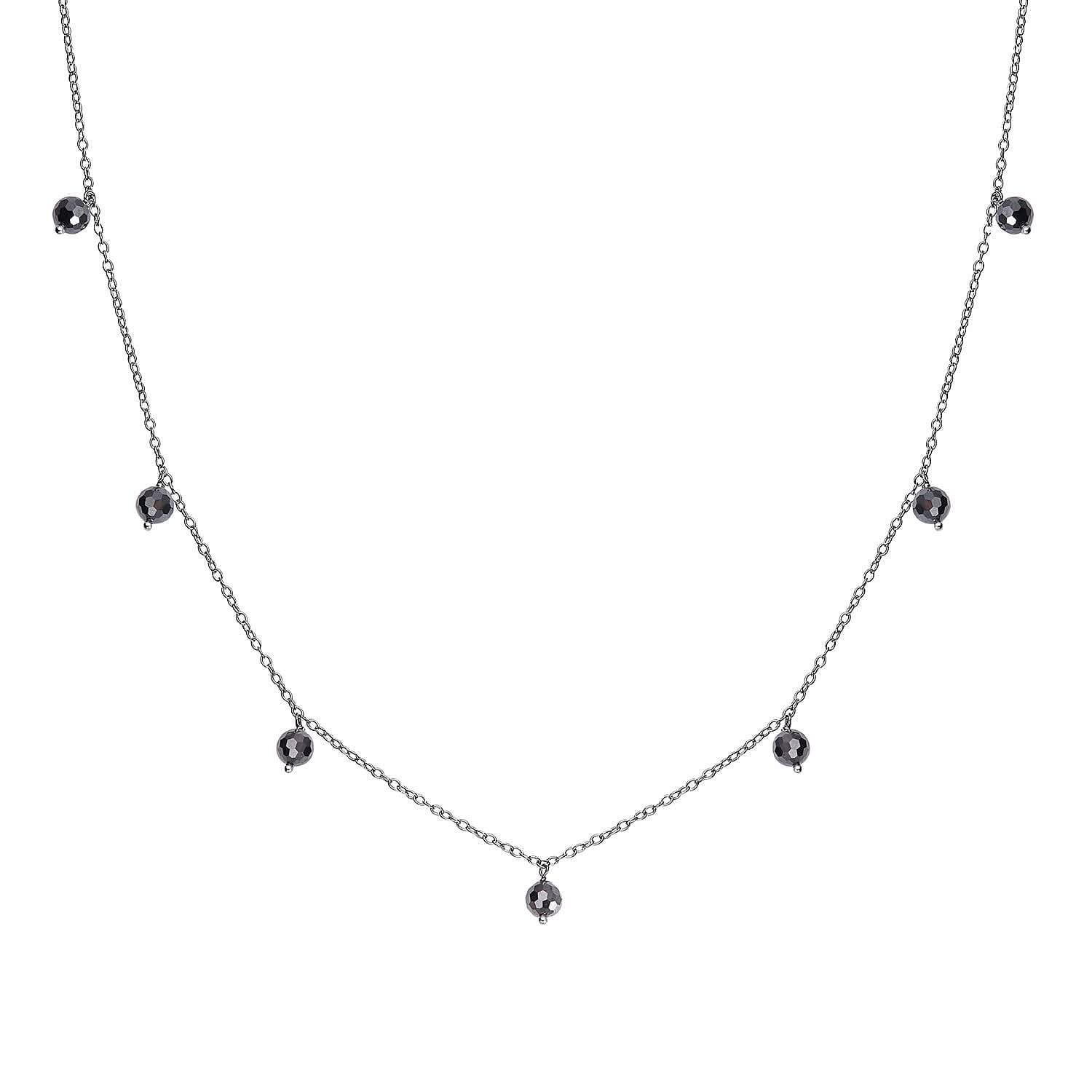 Black Moissanite Beaded Station Necklace in Rhodium Over Sterling Silver 20-22 Inches 7.65 ctw