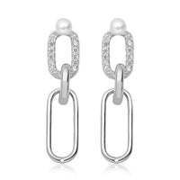 Freshwater Pearl and Simulated Diamond Paper Clip Link Earrings in Rhodium Over Sterling Silver 1.75 ctw