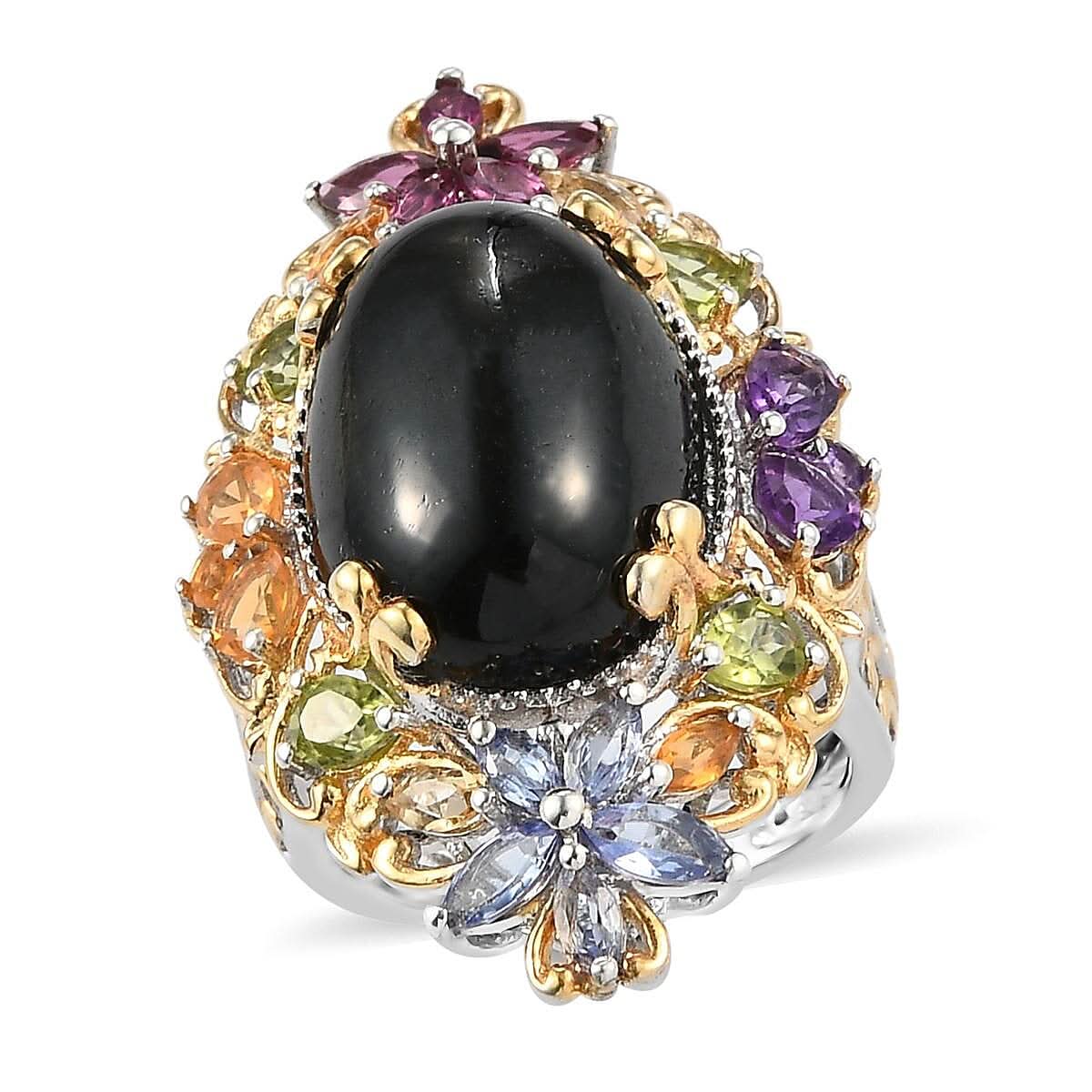 Indian Black Star Diopside and Multi Gemstone Ring in Vermeil YG and Platinum Over Sterling Silver (Size 10.0) 7.75 Grams 20.35 ctw