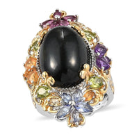 Indian Black Star Diopside and Multi Gemstone Ring in Vermeil YG and Platinum Over Sterling Silver (Size 10.0) 7.75 Grams 20.35 ctw