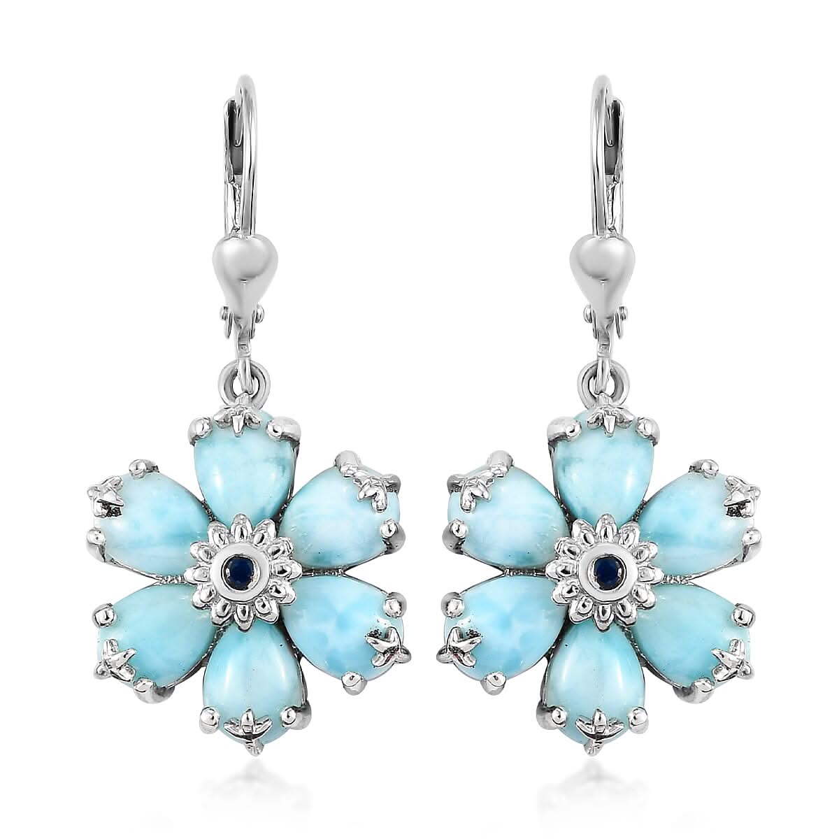 Larimar and Kanchanaburi Blue Sapphire Floral Earrings in Platinum Over Sterling Silver 10.15 ctw