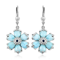 Larimar and Kanchanaburi Blue Sapphire Floral Earrings in Platinum Over Sterling Silver 10.15 ctw