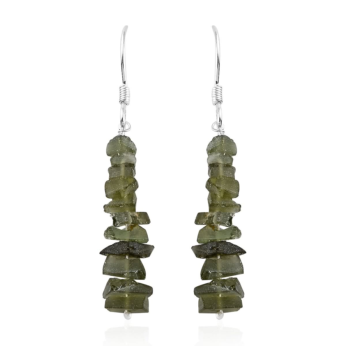 Artisan Crafted Rough Cut Bohemian Moldavite Fancy Earrings in Sterling Silver 10.30 ctw