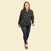 TAMSY Black Woven American Crepe Button Up Top -L